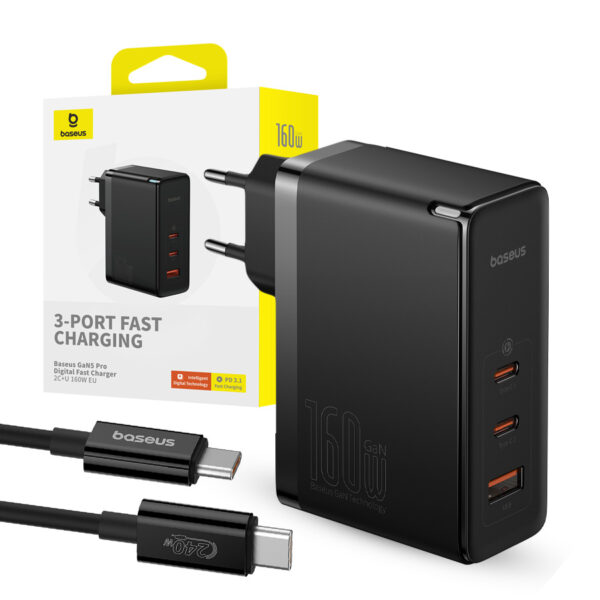 Charger Baseus GaN5 Pro 2x USB-C/ USB-A 160W + cable USB-C - USB-C 240W black 6932172635046