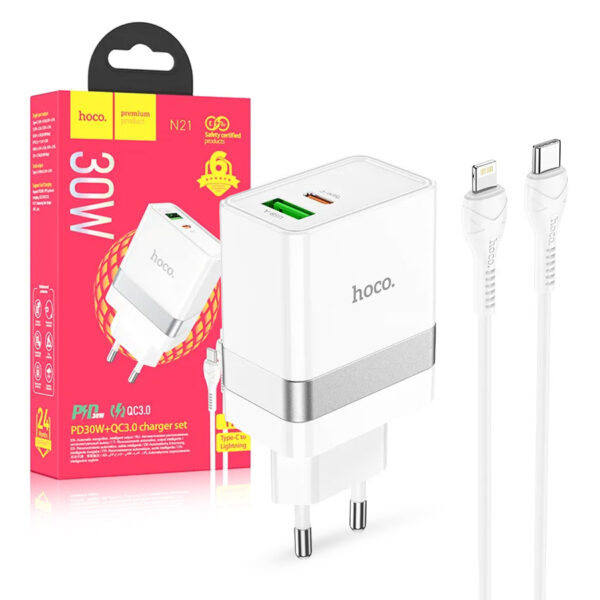 Travel charger HOCO USB A + Type C + cable Type C to Lightning PD QC3.0 3A 30W N21 white 6942007600651