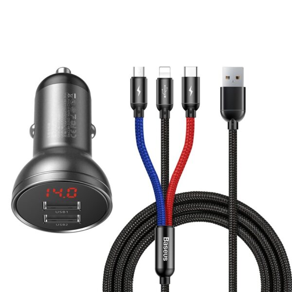 Car charger Baseus 2x USB 4.8A 24W 3in1 USB Type C/micro 1.2m (TZCCBX-0G) black 6953156215405