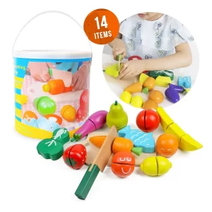 Wooden toy bucket with vegetables for cutting