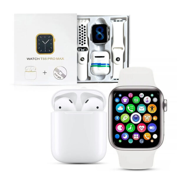 Smart Watch T55 Pro Max earphones and smart watch strap white