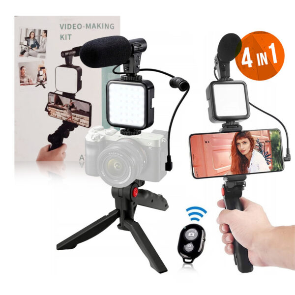 4in1 set for Vlogging- microphone tripod lamp and holder