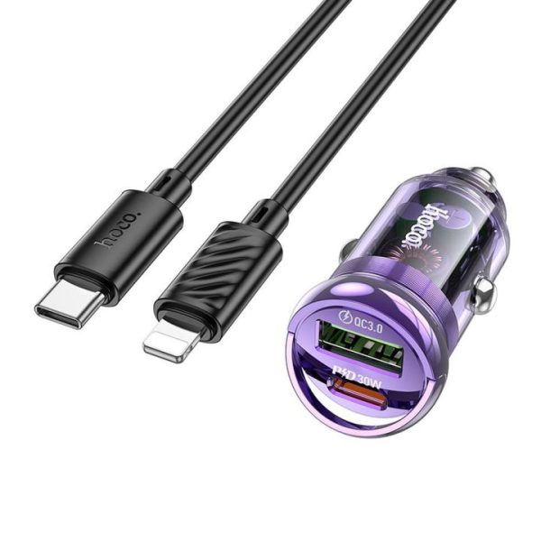 Car charger HOCO USB QC 3.0 + Type C + cable Type C to Lightning 8-pin PD 30W Z53A purple 6942007611336