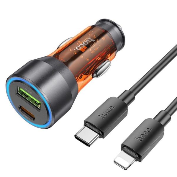 Car charger HOCO USB QC 18W + Type C 25W + cable Type C to Lightning PD43W NZ12A orange 6942007615365