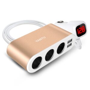 Cigarette Lighter Socket Splitter B08 3 Sockets 2xUSB 3.1A 120W with Display and Cable Gold 6959828298684