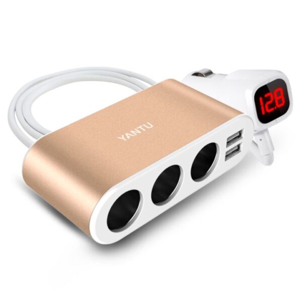 Cigarette Lighter Socket Splitter B08 3 Sockets 2xUSB 3.1A 120W with Display and Cable Gold 6959828298684