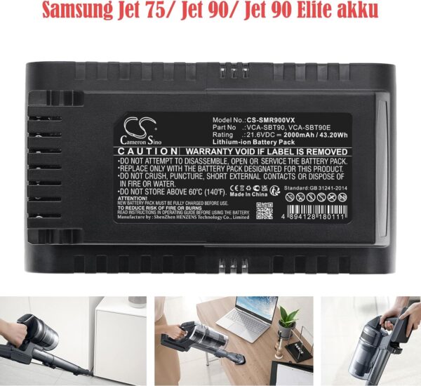 Batteria di ricambio da 2000 mAh, compatibile con Samsung Jet 75, Jet 75 Premium, Jet 90, Jet 90 Elite, VCA-SBT90, VCA-SBT90E, DJ96-00221A, VS9000, VS20T7536T5/EN, VS15T7032R1/SA - immagine 5